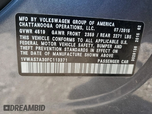 2015 Volkswagen Passat S with VIN 1VWAS7A30FC113371, listed as a Copart auction lot 52119765 with 162,431 mi miles and Clean title. Bid and sale history available at DreamBid. Image 12.