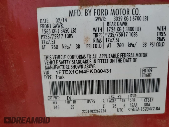 2014 Ford F-150 XL z VIN 1FTEX1CM4EKD80431, wystawiony jako Copart lot #60659825 z przebiegiem 372 194 mil mil oraz Czysty tytuł • Clean title. Historia ofert i sprzedaży dostępna na DreamBid. Obrazek 12.