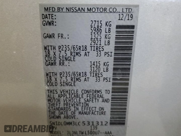 2020 Infiniti QX60 Luxe with VIN 5N1DL0MM3LC531312, listed as a Copart auction lot 49909255 with 58,839 mi miles and Salvage Title. Bid and sale history available at DreamBid. Image 16.
