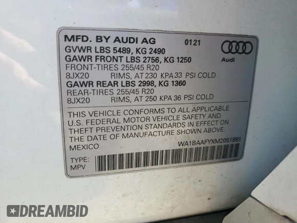 2021 Audi Q5 Premium Plus with VIN WA1BAAFYXM2051891, listed as a Copart auction lot 52320605 with 26,747 mi miles and Salvage Title. Bid and sale history available at carsss.com. Image 16.
