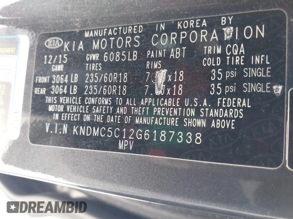 2016 Kia Sedona EX with VIN KNDMC5C12G6187338, listed as a IAAI auction lot 41735643 with 177,998 mi miles. Bid and sale history available at carsss.com. Image 9.