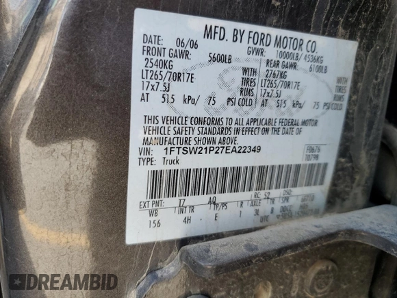 2007 Ford F-250 XL with VIN 1FTSW21P27EA22349, listed as a Copart auction lot 64703015 with 210,396 mi miles and Salvage title. Bid and sale history available at DreamBid. Image 12.