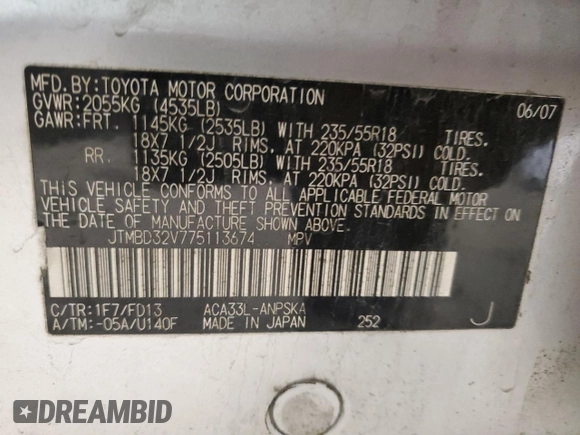 2007 Toyota RAV4 Sport with VIN JTMBD32V775113674, listed as a Copart auction lot 46236255 with 176,795 mi miles and Salvage Title. Bid and sale history available at carsss.com. Image 16.