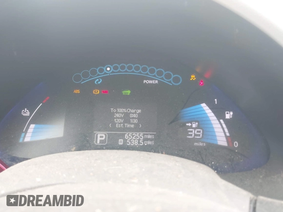 2012 Nissan LEAF SL with VIN JN1AZ0CP4CT020440, listed as a IAAI auction lot 42183809 with 65,255 mi miles and . Bid and sale history available at DreamBid. Image 7.