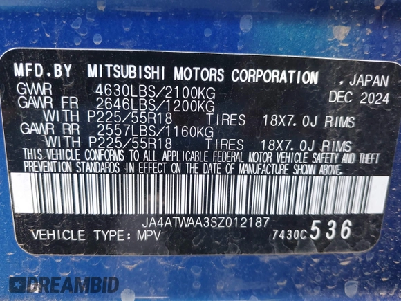 2025 Mitsubishi Eclipse Cross SE with VIN JA4ATWAA3SZ012187, listed as a IAAI auction lot 42480994 with 4,731 mi miles and . Bid and sale history available at DreamBid. Image 9.