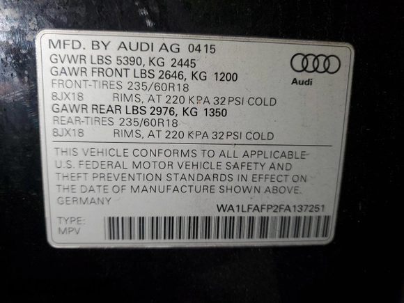 2015 Audi Q5 Premium Plus z VIN WA1LFAFP2FA137251, wystawiony jako Copart lot #81792414 z przebiegiem 82 856 mil mil oraz Szkody całkowita. Historia ofert i sprzedaży dostępna na DreamBid. Obrazek 15.