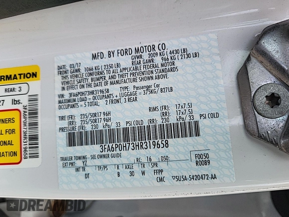 2017 Ford Fusion SE z VIN 3FA6P0H73HR319658, wystawiony jako IAAI lot #42806844 z przebiegiem 76 939 mil mil oraz . Historia ofert i sprzedaży dostępna na DreamBid. Obrazek 20.