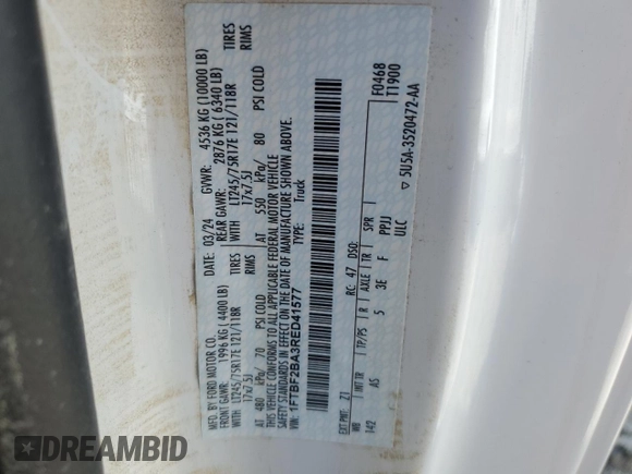 2024 Ford F-250 XL z VIN 1FTBF2BA3RED41577, wystawiony jako Copart lot #52189095 z przebiegiem Nie podano mil oraz Szkody całkowita. Historia ofert i sprzedaży dostępna na DreamBid. Obrazek 12.