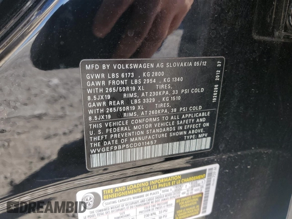2012 Volkswagen Touareg Sport с VIN WVGEF9BP5CD011457, выставлен на аукционе Copart как лот 46785645 с пробегом 108 840 миль миль и Списание • Salvage title. История ставок и продаж доступна на DreamBid. Изображение 13.
