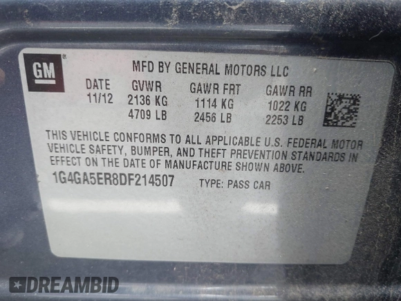 2013 Buick LaCrosse with VIN 1G4GA5ER8DF214507, listed as a IAAI auction lot 41939876 with 137,066 mi miles and . Bid and sale history available at DreamBid. Image 9.