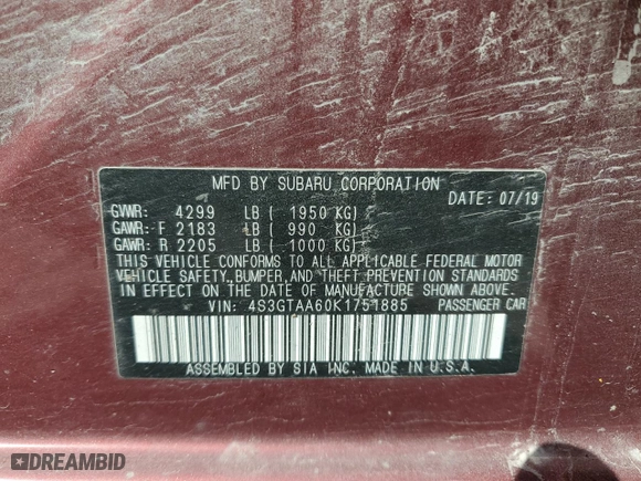 2019 Subaru Impreza with VIN 4S3GTAA60K1751885, listed as a Copart auction lot 69597304 with 109,880 mi miles and Salvage Title. Bid and sale history available at carsss.com. Image 12.