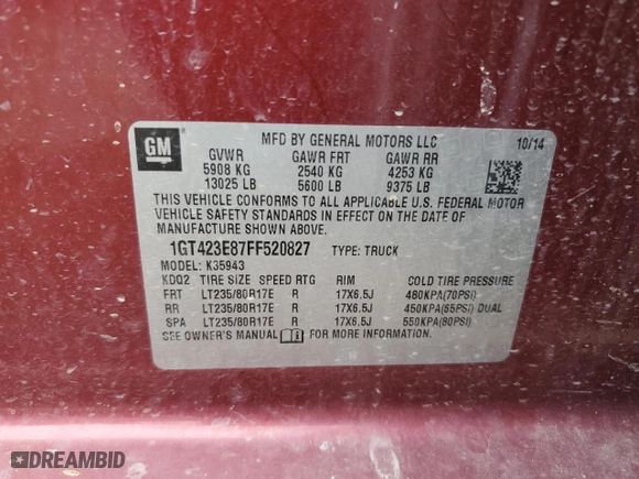 2015 GMC Sierra 3500HD SLT with VIN 1GT423E87FF520827, listed as a Copart auction lot 71256494 with 184,094 mi miles and Non Repairable. Bid and sale history available at carsss.com. Image 13.