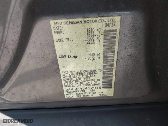 2015 Nissan Altima 2.5 SV with VIN 1N4AL3AP7FC417945, listed as a IAAI auction lot 41793107 with 163,211 mi miles. Bid and sale history available at carsss.com. Image 9.