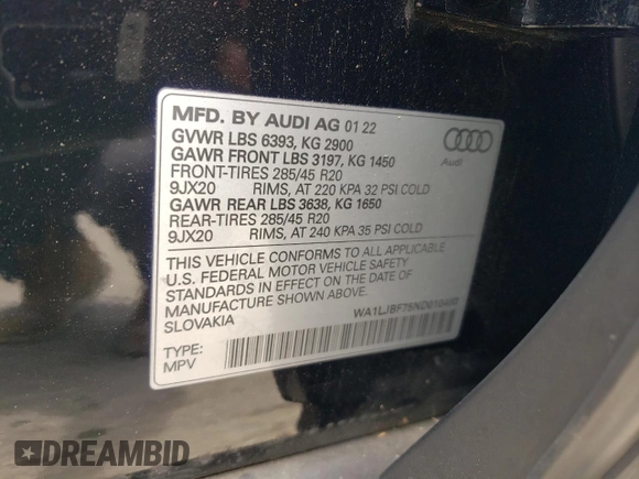 2022 Audi Q7 Premium Plus with VIN WA1LJBF75ND010480, listed as a Copart auction lot 59338214 with 14,851 mi miles and Salvage title. Bid and sale history available at DreamBid. Image 12.
