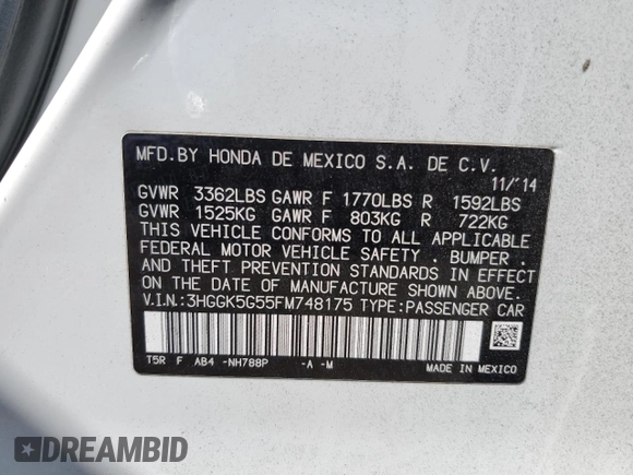 2015 Honda Fit LX with VIN 3HGGK5G55FM748175, listed as a Copart auction lot 56556915 with 98,858 mi miles and Salvage title. Bid and sale history available at DreamBid. Image 12.