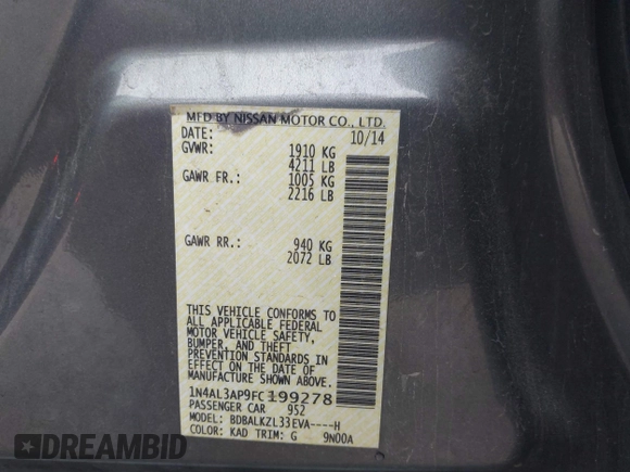 2015 Nissan Altima 2.5 S with VIN 1N4AL3AP9FC199278, listed as a IAAI auction lot 42070577 with 178,830 mi miles. Bid and sale history available at carsss.com. Image 9.