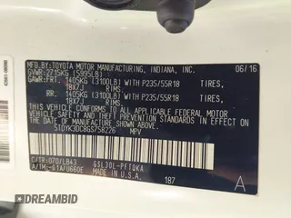 2016 Toyota Sienna XLE with VIN 5TDYK3DC8GS758226, listed as a IAAI auction lot 41894191 with 107,233 mi miles and . Bid and sale history available at DreamBid. Image 9.
