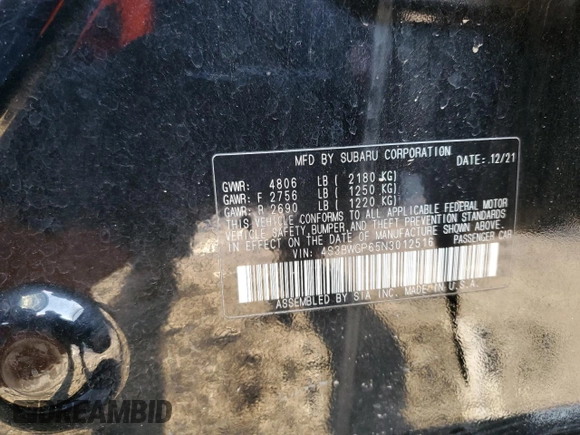 2022 Subaru Legacy Touring XT with VIN 4S3BWGP65N3012516, listed as a Copart auction lot 51309015 with 43,856 mi miles and Salvage title. Bid and sale history available at DreamBid. Image 14.