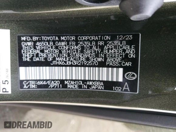 2024 Lexus UX with VIN JTHX6JBH3R2192570, listed as a Copart auction lot 86217824 with 3,155 mi miles and Salvage Title. Bid and sale history available at carsss.com. Image 14.