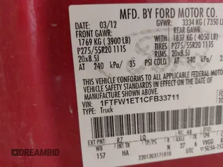 2012 Ford F-150 XL with VIN 1FTFW1ET1CFB33711, listed as a IAAI auction lot 42090971 with 231,691 mi miles and . Bid and sale history available at DreamBid. Image 9.