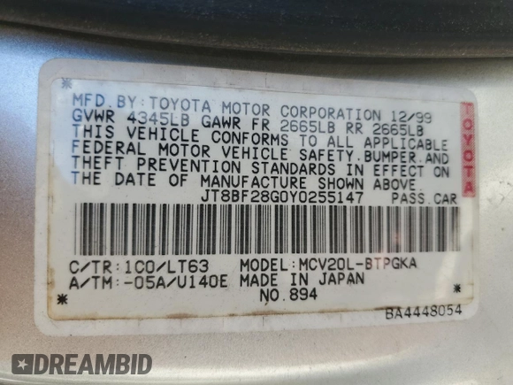 2000 Lexus ES 300 with VIN JT8BF28G0Y0255147, listed as a Copart auction lot 61464825 with 144,601 mi miles and Clean title. Bid and sale history available at DreamBid. Image 12.