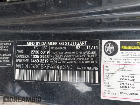 2015 Mercedes-Benz S-Class S 550 with VIN WDDUG8CBXFA146360, listed as a IAAI auction lot 41541113 with 1 mi miles. Bid and sale history available at carsss.com. Image 9.