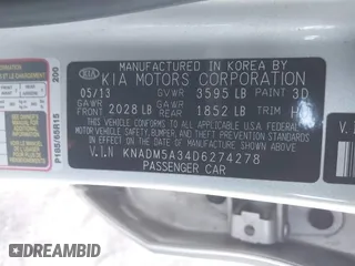2013 Kia Rio LX with VIN KNADM5A34D6274278, listed as a IAAI auction lot 41810478 with 89,723 mi miles. Bid and sale history available at carsss.com. Image 9.