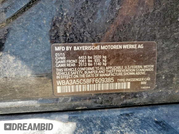 2015 BMW 3 Series 328i with VIN WBA3A5C58FF609385, listed as a Copart auction lot 61443955 with 195,705 mi miles and Salvage title. Bid and sale history available at DreamBid. Image 13.