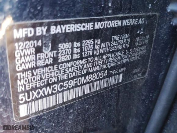 2015 BMW X4 xDrive28i with VIN 5UXXW3C59F0M88054, listed as a Copart auction lot 40534343 with 69,369 mi miles. Bid and sale history available at carsss.com. Image 12.