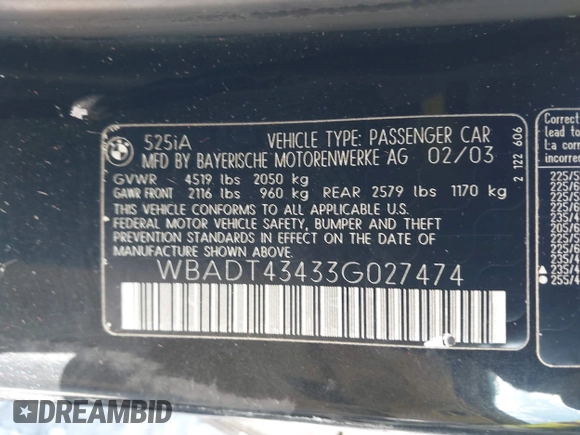 2003 BMW 5 Series 525i z VIN WBADT43433G027474, wystawiony jako IAAI lot #41610104 z przebiegiem 121 958 mil mil oraz . Historia ofert i sprzedaży dostępna na DreamBid. Obrazek 9.