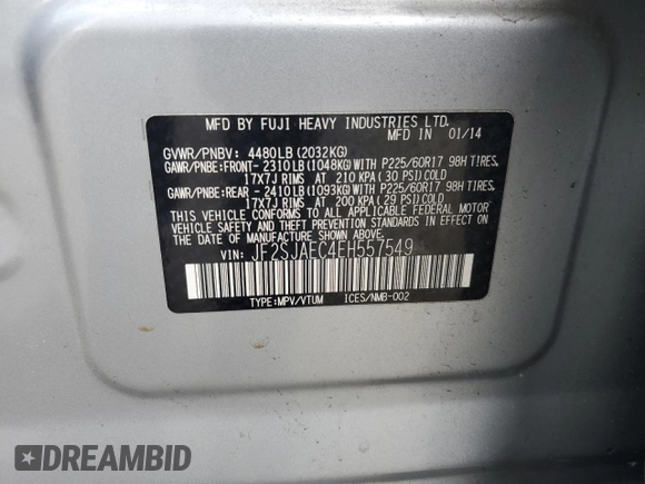 2014 Subaru Forester Premium with VIN JF2SJAEC4EH557549, listed as a Copart auction lot 55689335 with Not provided miles and Salvage title. Bid and sale history available at DreamBid. Image 14.