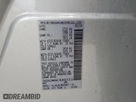2019 Nissan Pathfinder S with VIN 5N1DR2MN6KC640753, listed as a Copart auction lot 43388025 with 79,881 mi miles and Salvage Title. Bid and sale history available at DreamBid. Image 15.