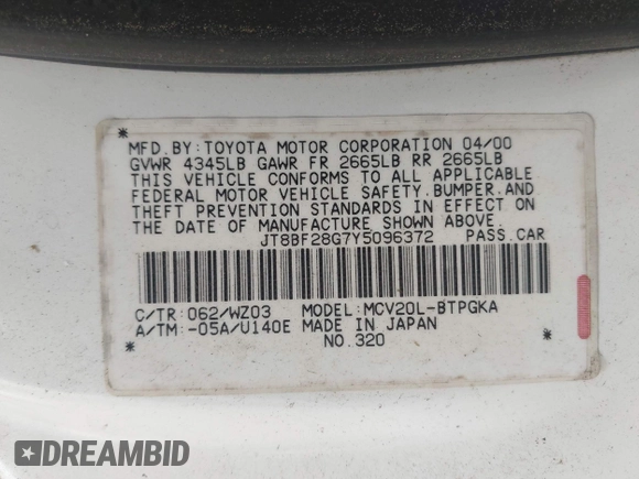 2000 Lexus ES 300 with VIN JT8BF28G7Y5096372, listed as a IAAI auction lot 42533248 with 188,179 mi miles and . Bid and sale history available at DreamBid. Image 9.