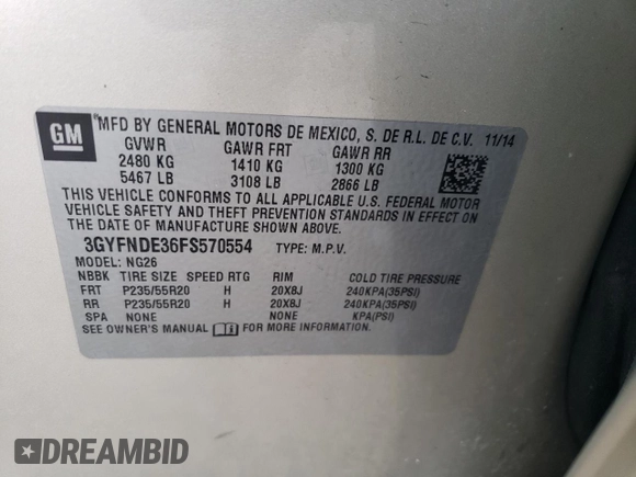 2015 Cadillac SRX Premium Collection with VIN 3GYFNDE36FS570554, listed as a Copart auction lot 63881295 with 109,864 mi miles and Salvage title. Bid and sale history available at DreamBid. Image 13.