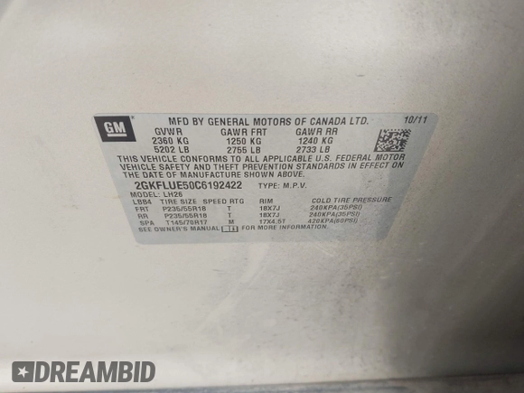 2012 GMC Terrain SLT-1 with VIN 2GKFLUE50C6192422, listed as a IAAI auction lot 41332803 with 200,666 mi miles and . Bid and sale history available at DreamBid. Image 9.