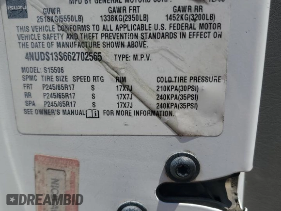 2006 Isuzu Ascender S z VIN 4NUDS13S662702565, wystawiony jako Copart lot #65395835 z przebiegiem 251 853 mil mil oraz Szkoda całkowita • Salvage title. Historia ofert i sprzedaży dostępna na DreamBid. Obrazek 13.