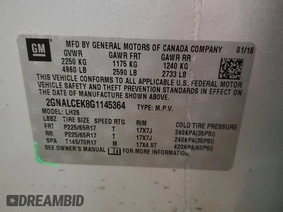 2016 Chevrolet Equinox LT with VIN 2GNALCEK8G1145364, listed as a Copart auction lot 43966255 with 122,034 mi miles and Clean Title. Bid and sale history available at DreamBid. Image 14.