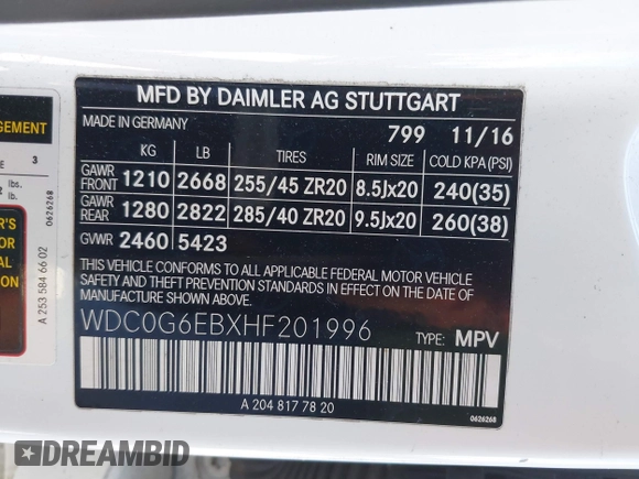 2017 Mercedes-Benz GLC with VIN WDC0G6EBXHF201996, listed as a IAAI auction lot 41814847 with 117,273 mi miles. Bid and sale history available at carsss.com. Image 9.