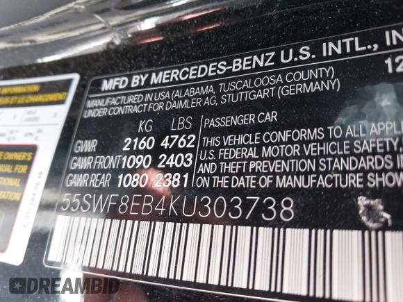 2019 Mercedes-Benz C 300 с VIN 55SWF8EB4KU303738, выставлен на аукционе IAAI как лот 42215291 с пробегом 59 632 миль миль и . История ставок и продаж доступна на DreamBid. Изображение 9.