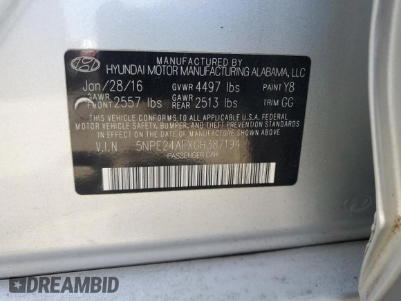 2016 Hyundai Sonata SE with VIN 5NPE24AFXGH387194, listed as a Copart auction lot 53805575 with 168,158 mi miles and Salvage Title. Bid and sale history available at carsss.com. Image 12.