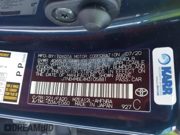 2021 Toyota Corolla Hatchback SE with VIN JTNB4MBE4M3105881, listed as a IAAI auction lot 41017358 with 109,532 mi miles. Bid and sale history available at carsss.com. Image 9.