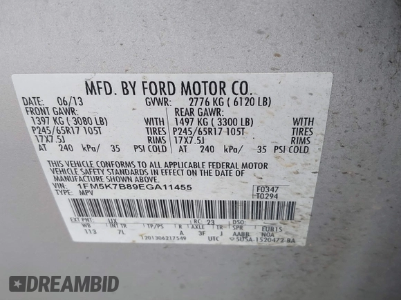 2014 Ford Explorer with VIN 1FM5K7B89EGA11455, listed as a IAAI auction lot 42577120 with 211,930 mi miles and . Bid and sale history available at DreamBid. Image 9.