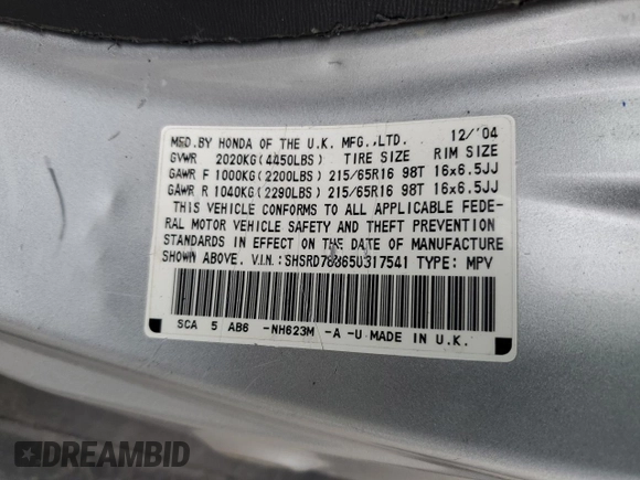 2005 Honda CR-V EX with VIN SHSRD78865U317541, listed as a Copart auction lot 56098045 with 164,303 mi miles and Clean Title. Bid and sale history available at DreamBid. Image 13.