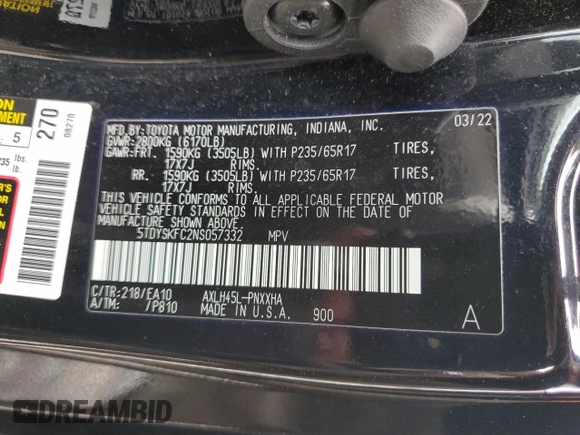 2022 Toyota Sienna XLE с VIN 5TDYSKFC2NS057332, выставлен на аукционе Copart как лот 51828685 с пробегом 47 332 миль миль и Списание • Salvage title. История ставок и продаж доступна на DreamBid. Изображение 14.