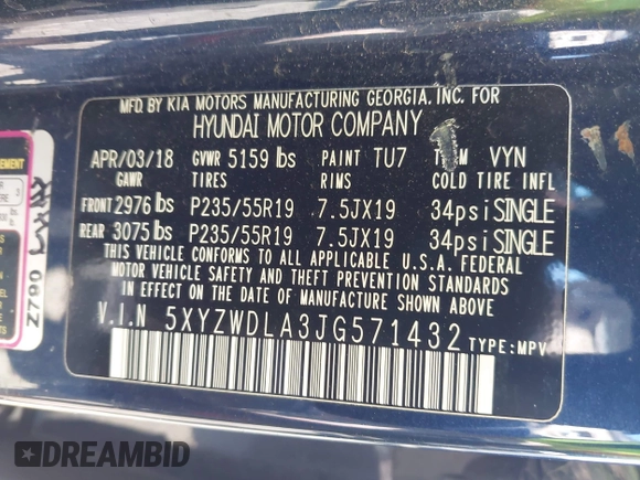 2018 Hyundai Santa Fe Ultimate with VIN 5XYZWDLA3JG571432, listed as a IAAI auction lot 42395245 with 69,330 mi miles and . Bid and sale history available at DreamBid. Image 9.