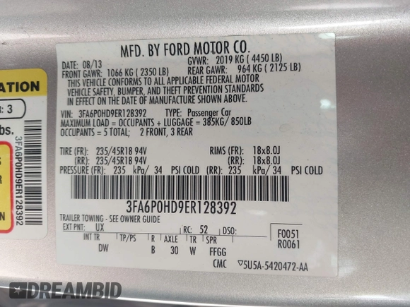2014 Ford Fusion SE with VIN 3FA6P0HD9ER128392, listed as a IAAI auction lot 41893300 with 109,907 mi miles and . Bid and sale history available at DreamBid. Image 9.