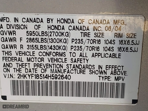2004 Honda Pilot EX with VIN 2HKYF18514H592640, listed as a IAAI auction lot 41898618 with 230,866 mi miles. Bid and sale history available at carsss.com. Image 9.