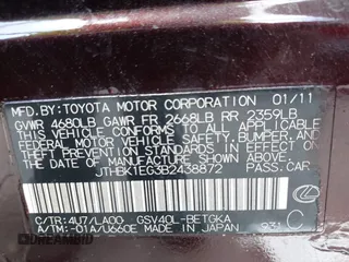 2011 Lexus ES 330 with VIN JTHBK1EG3B2438872, listed as a IAAI auction lot 42682451 with 163,906 mi miles and . Bid and sale history available at DreamBid. Image 9.