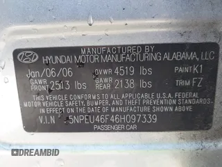 2006 Hyundai Sonata GLS with VIN 5NPEU46F46H097339, listed as a IAAI auction lot 42150865 with 221,711 mi miles and . Bid and sale history available at DreamBid. Image 9.