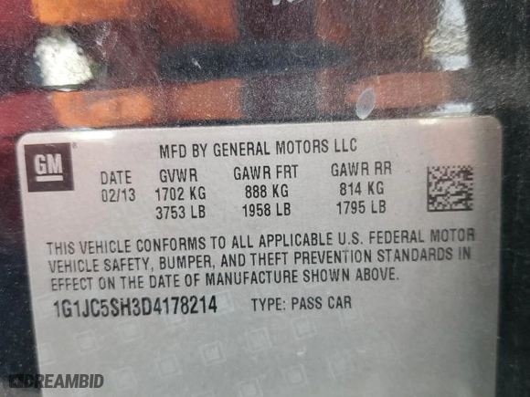 2013 Chevrolet Sonic LT with VIN 1G1JC5SH3D4178214, listed as a Copart auction lot 47222945 with 133,108 mi miles and Salvage Title. Bid and sale history available at carsss.com. Image 12.